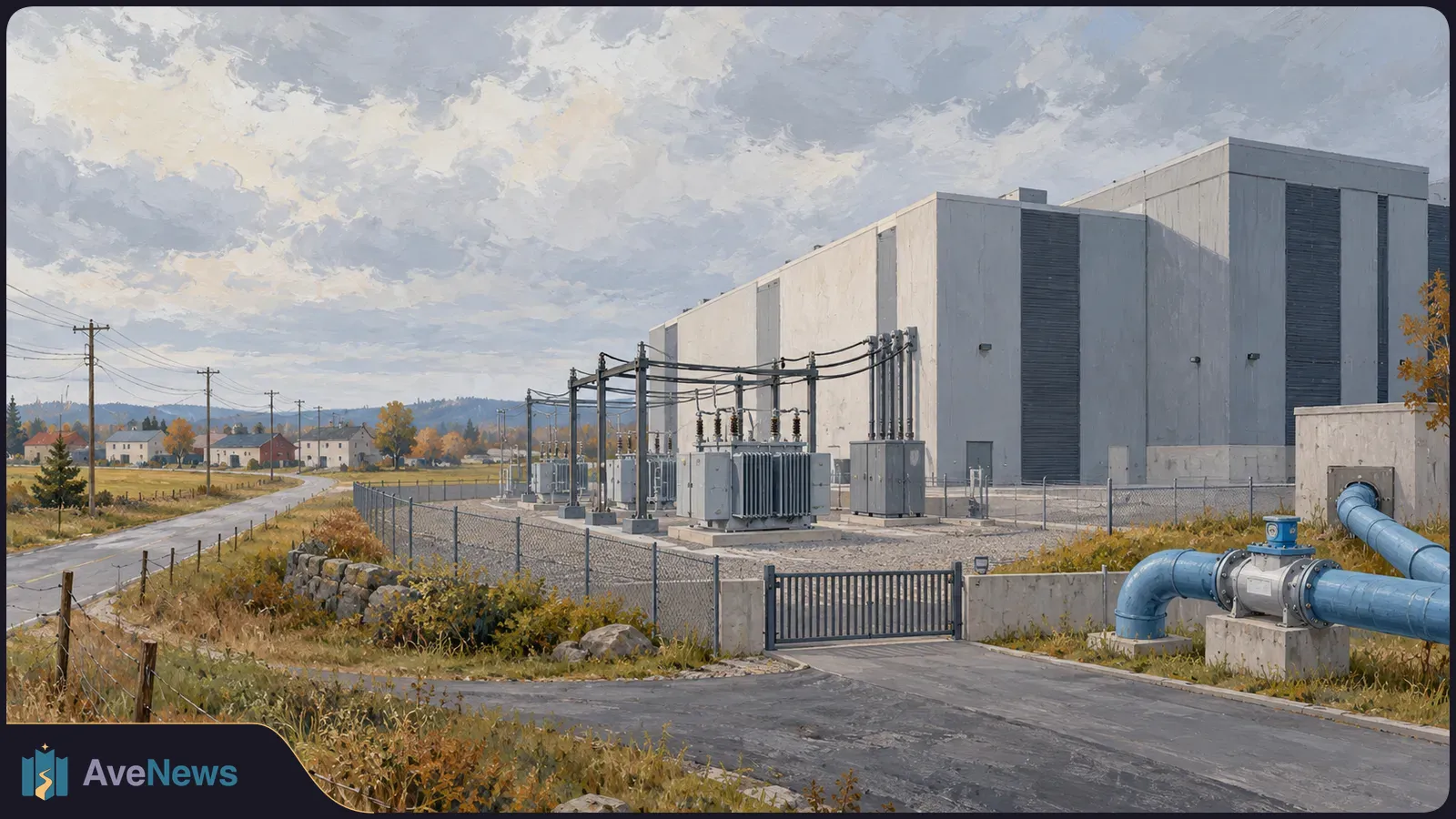 A large white industrial building beside a fenced electrical substation and blue pipeline, with a road, houses and cloudy sky in a painted landscape. SI illustration