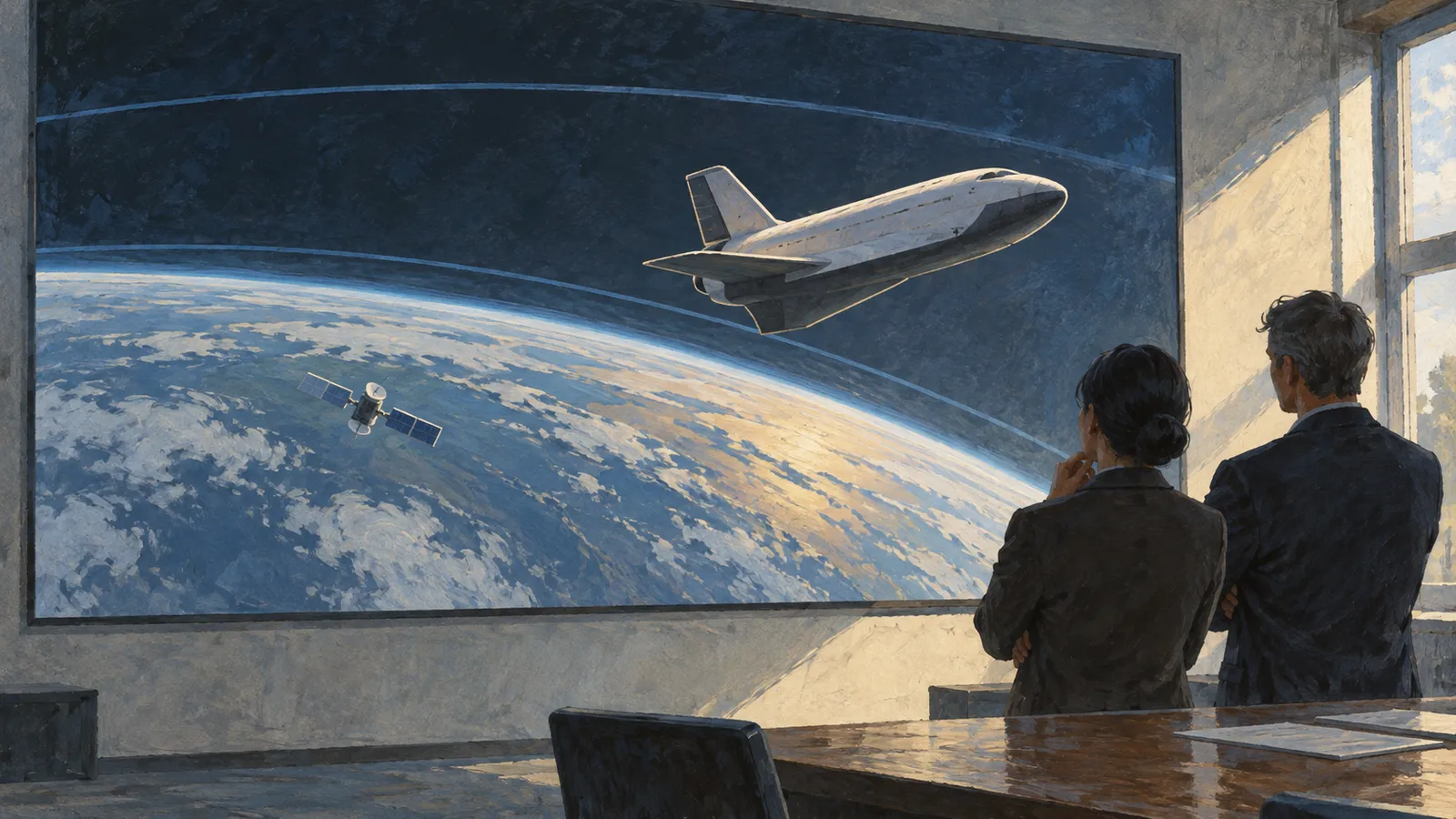 Two people in suits look at a large display showing a spaceplane and a satellite above Earth. SI illustration