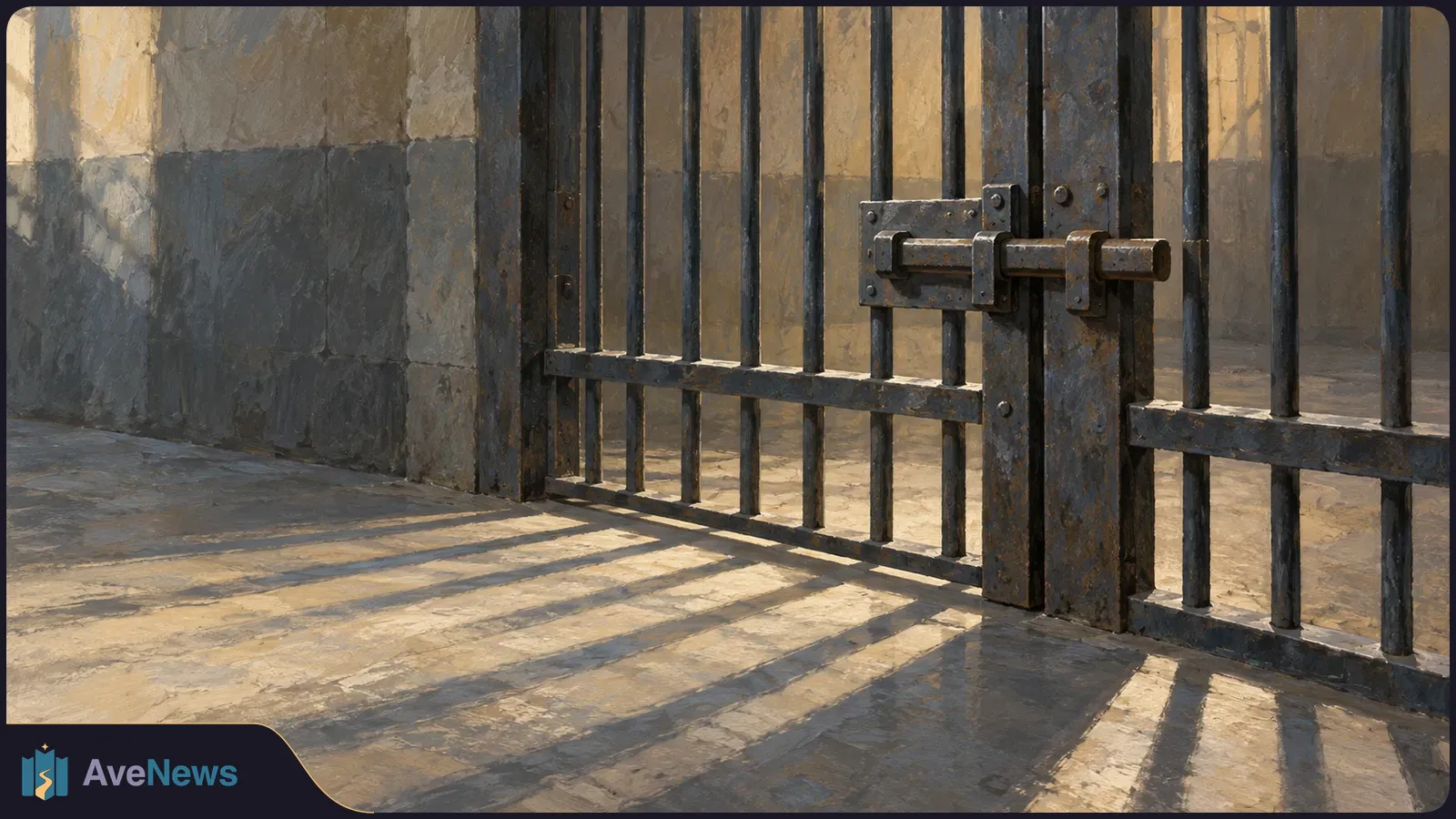 Painterly illustration of a closed iron-bar gate with a sliding bolt, casting long shadows across a stone floor. SI illustration