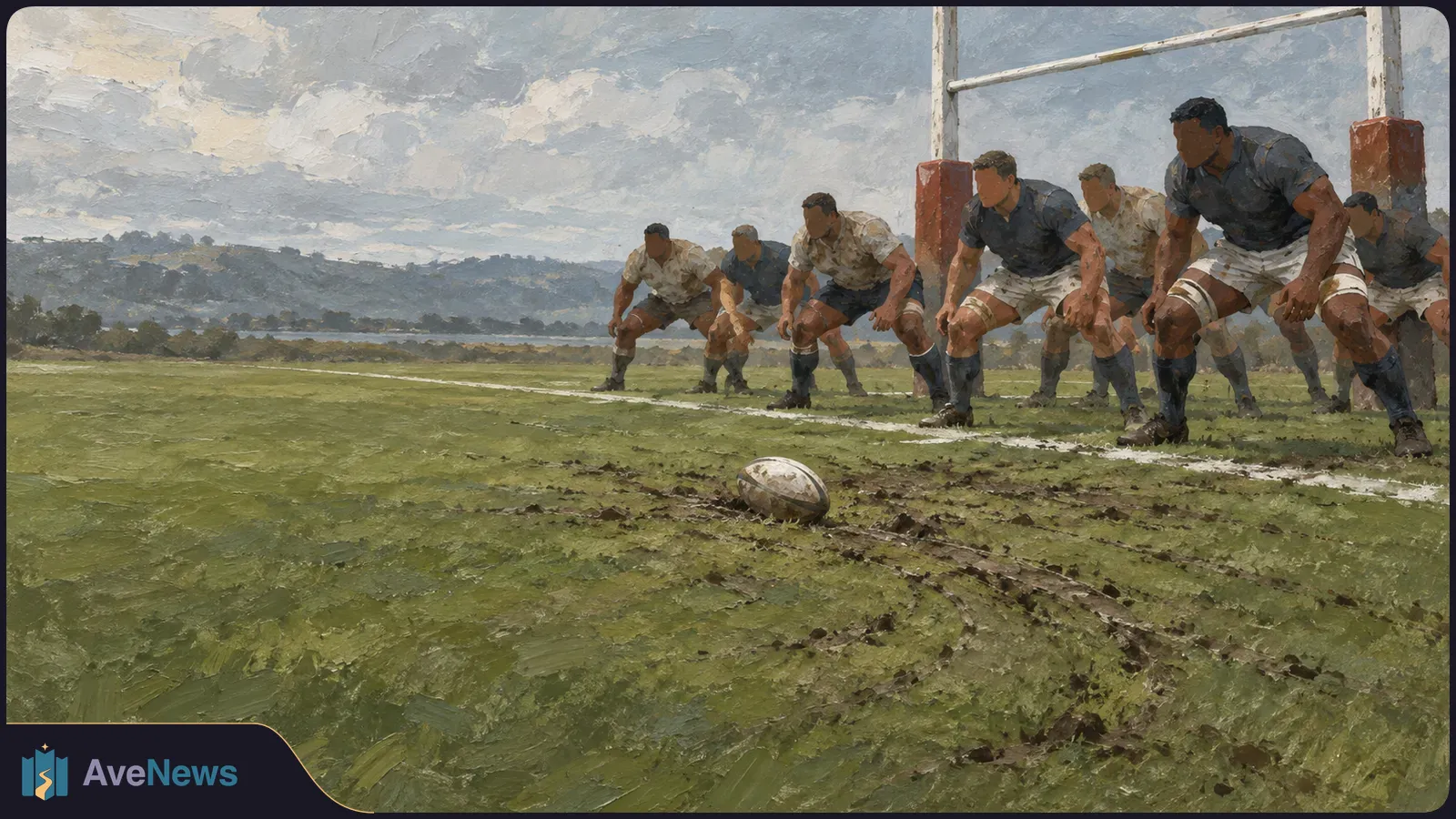 Painted scene of a rugby ball on a muddy field, with several players crouching near the goalposts beneath a cloudy sky. SI illustration