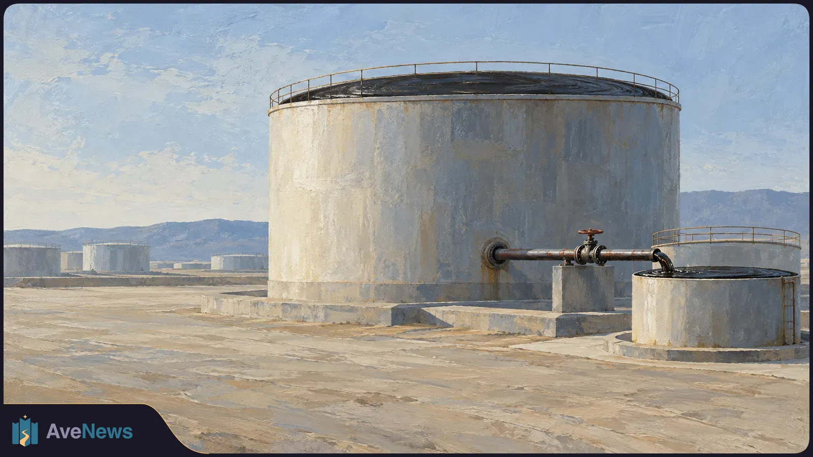 Painted view of large oil storage tanks and a connecting pipe at a sunlit industrial site, with hills in the distance. SI illustration