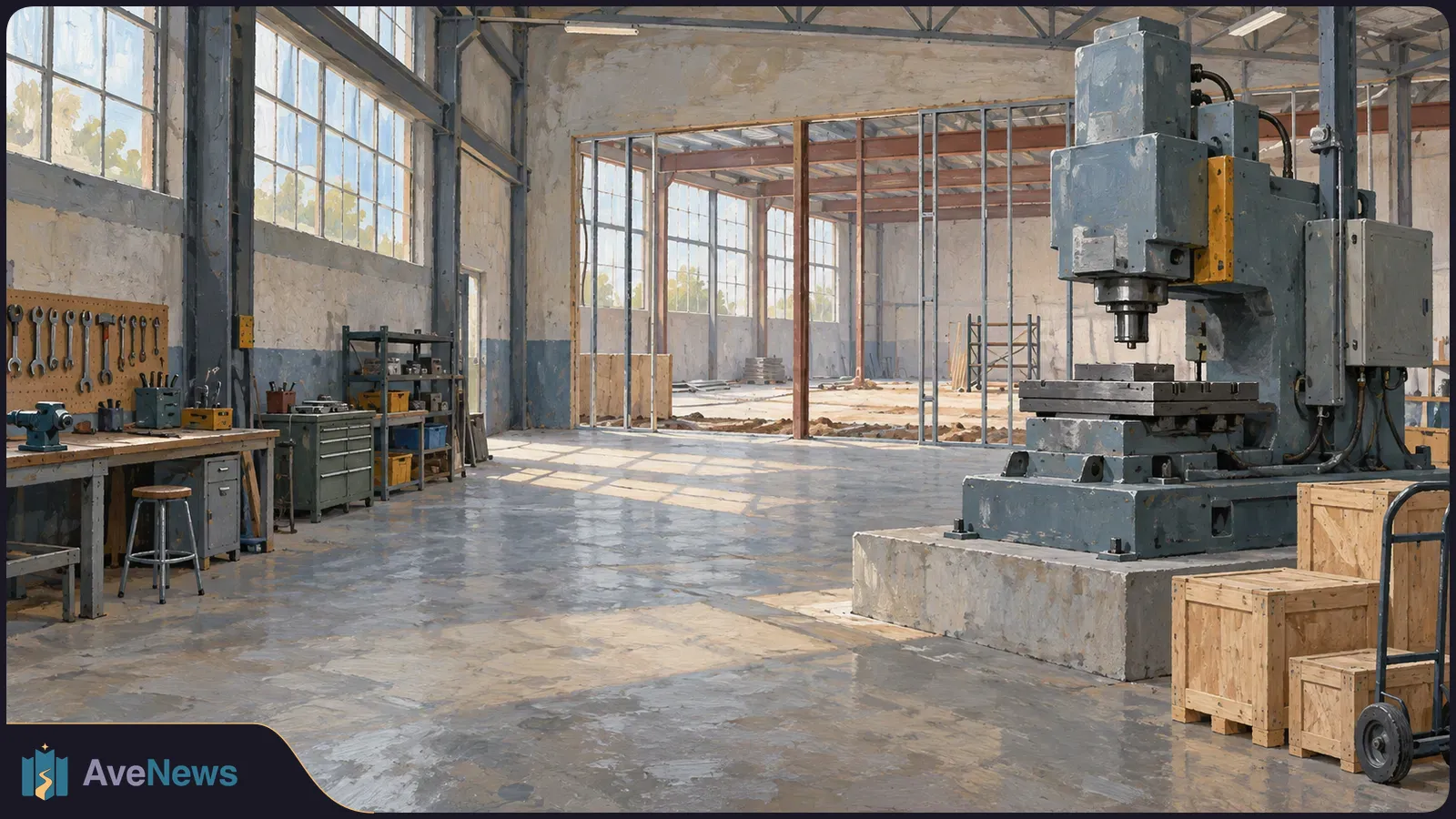 Painterly view of an industrial workshop with a large machine, a tool-lined workbench, wooden crates and an unfinished area beyond. SI illustration