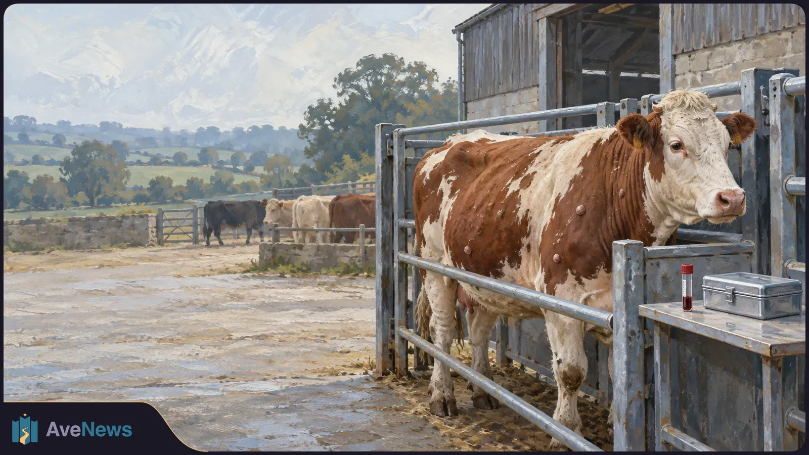 A painted farm scene shows a brown-and-white cow with raised bumps on its skin in a metal pen. A blood sample tube and metal case sit nearby; other cattle stand in the background. SI illustration