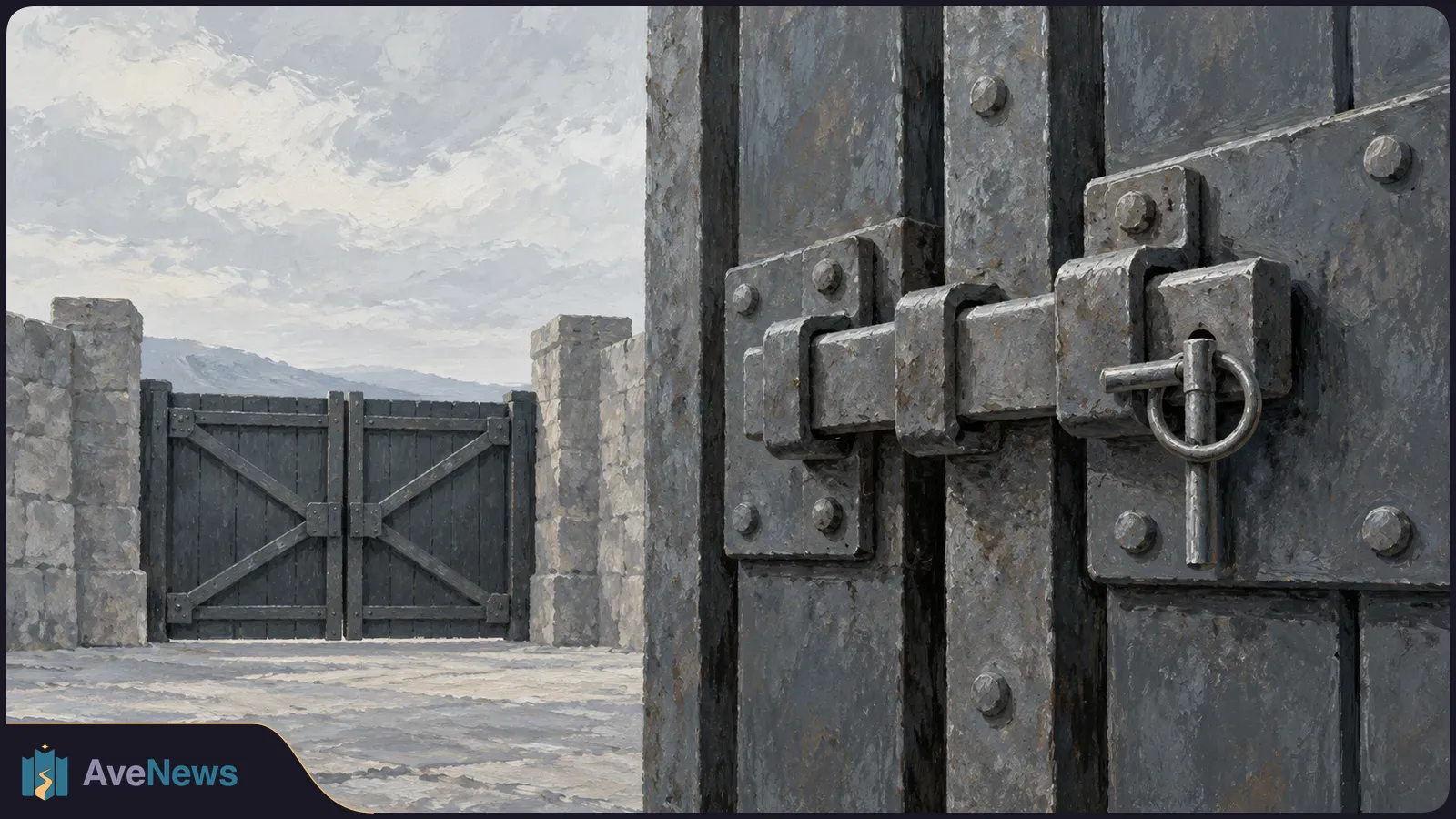 Painted scene of a heavy metal gate and bolt in the foreground, with a second closed gate between stone walls beneath a cloudy sky. SI illustration