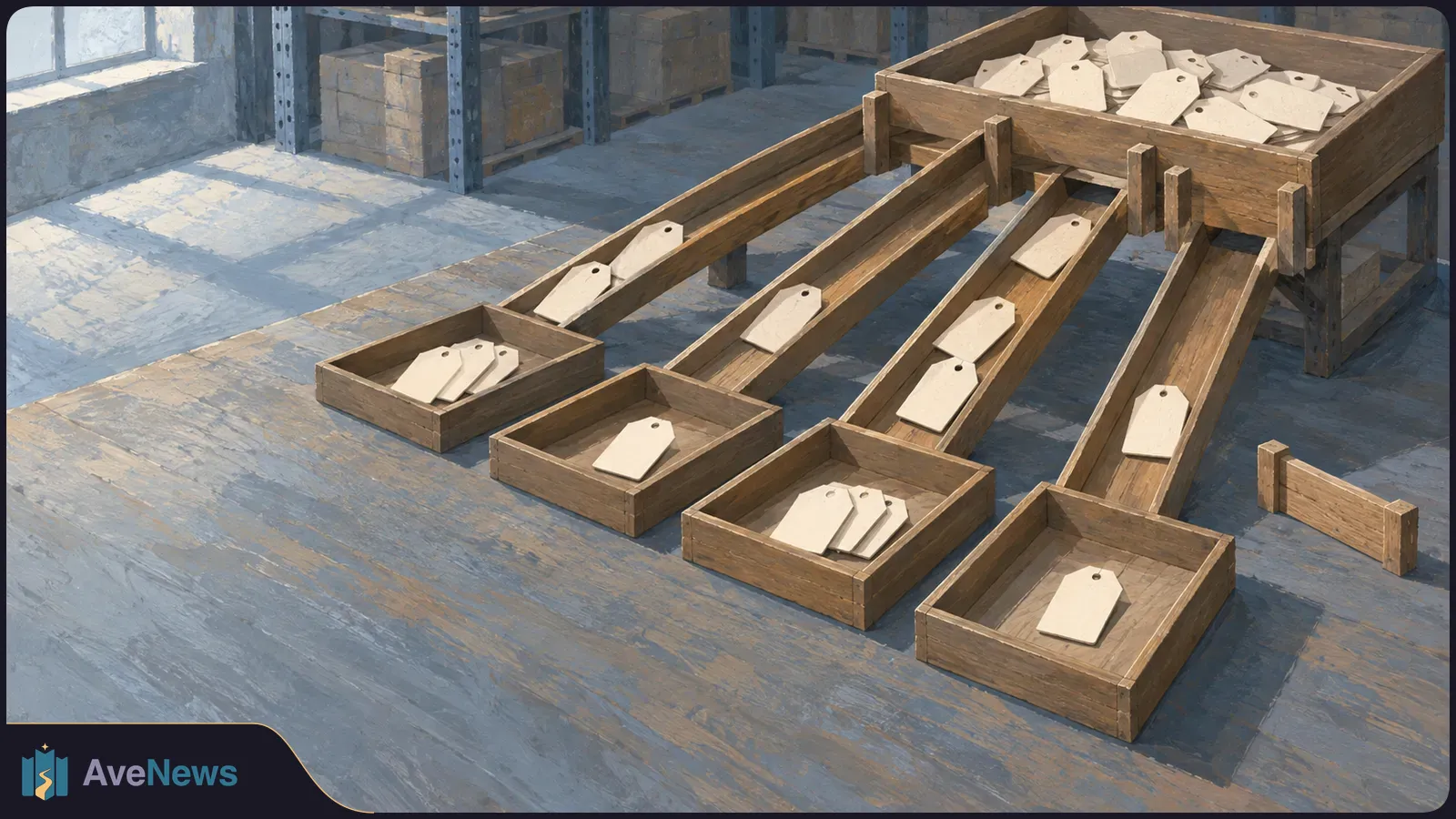 Blank tags lie along four wooden chutes leading from a shared bin to separate trays in a painted warehouse scene. A detached wooden rail lies beside them. SI illustration