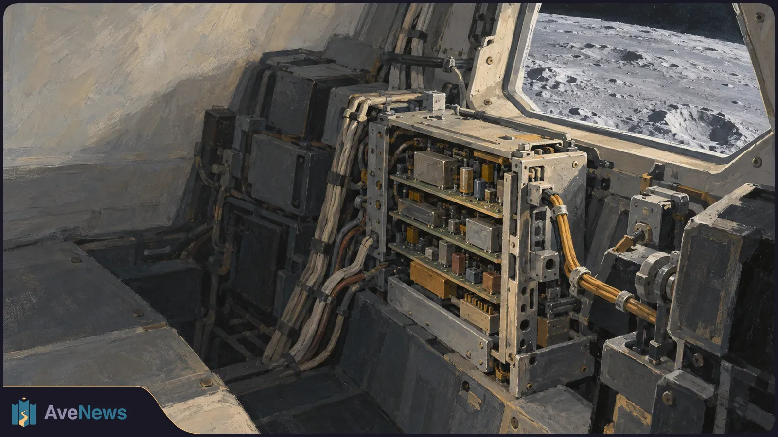 Painted spacecraft interior with exposed electronics and bundled cables beside a window overlooking a cratered lunar surface. SI illustration
