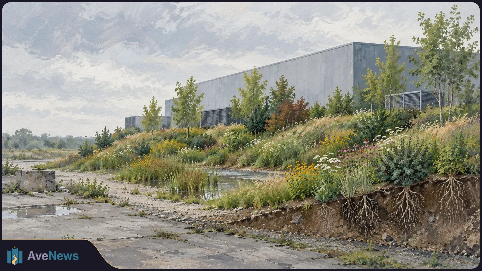 Painted view of a large gray data-center building behind a flower-filled embankment, with a shallow waterway, cracked pavement and exposed plant roots in the foreground. SI illustration