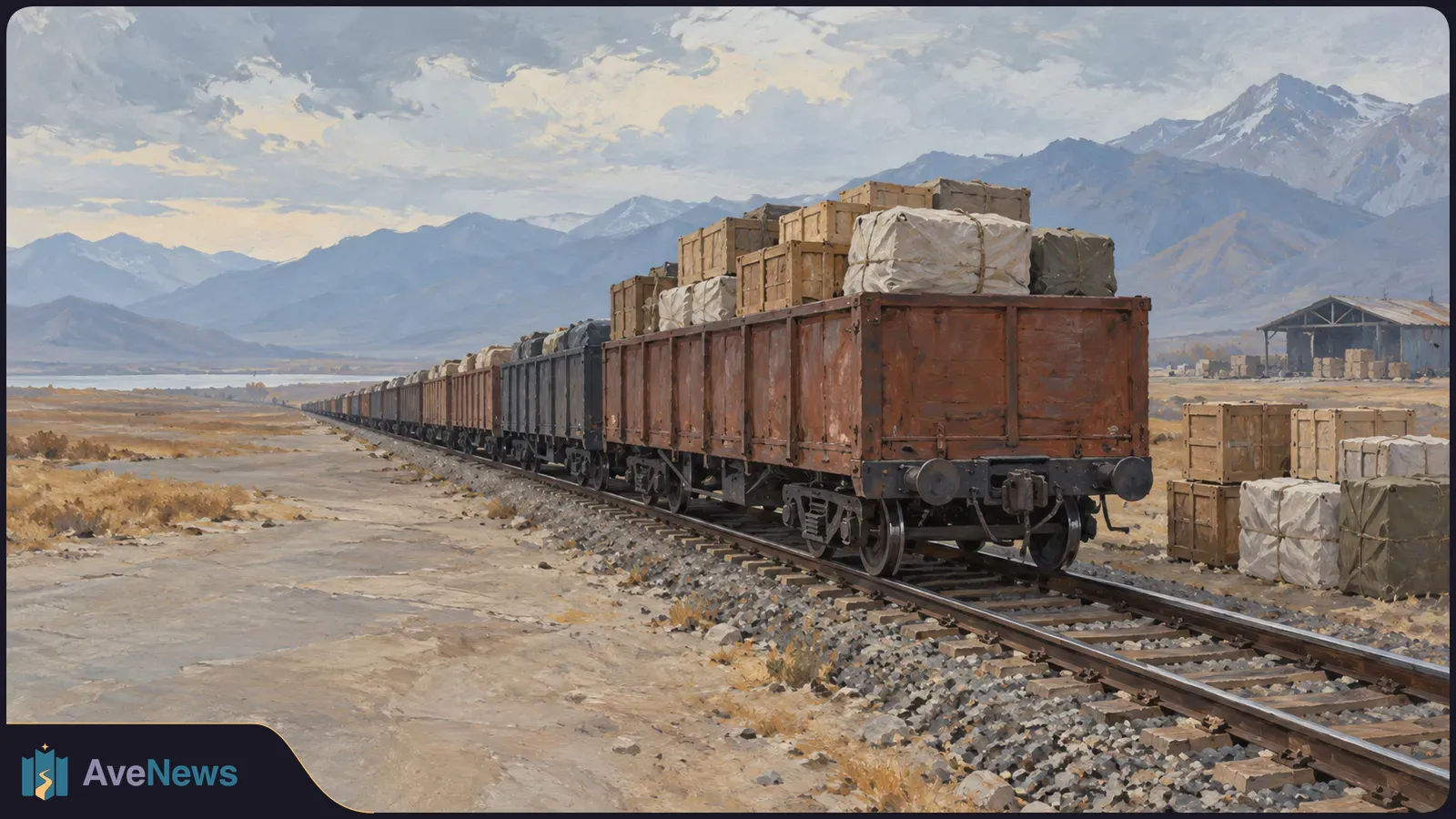 An illustrated freight train loaded with crates and wrapped bundles stretches across a dry plain, with mountains and a warehouse in the background. SI illustration