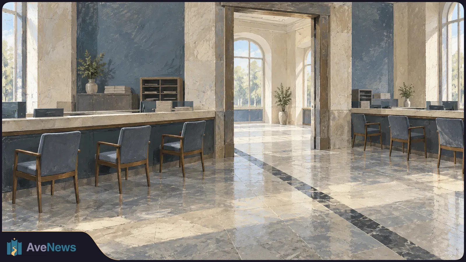 Painterly view of an empty service hall with long counters, blue chairs, arched windows, plants and a sunlit marble floor. SI illustration