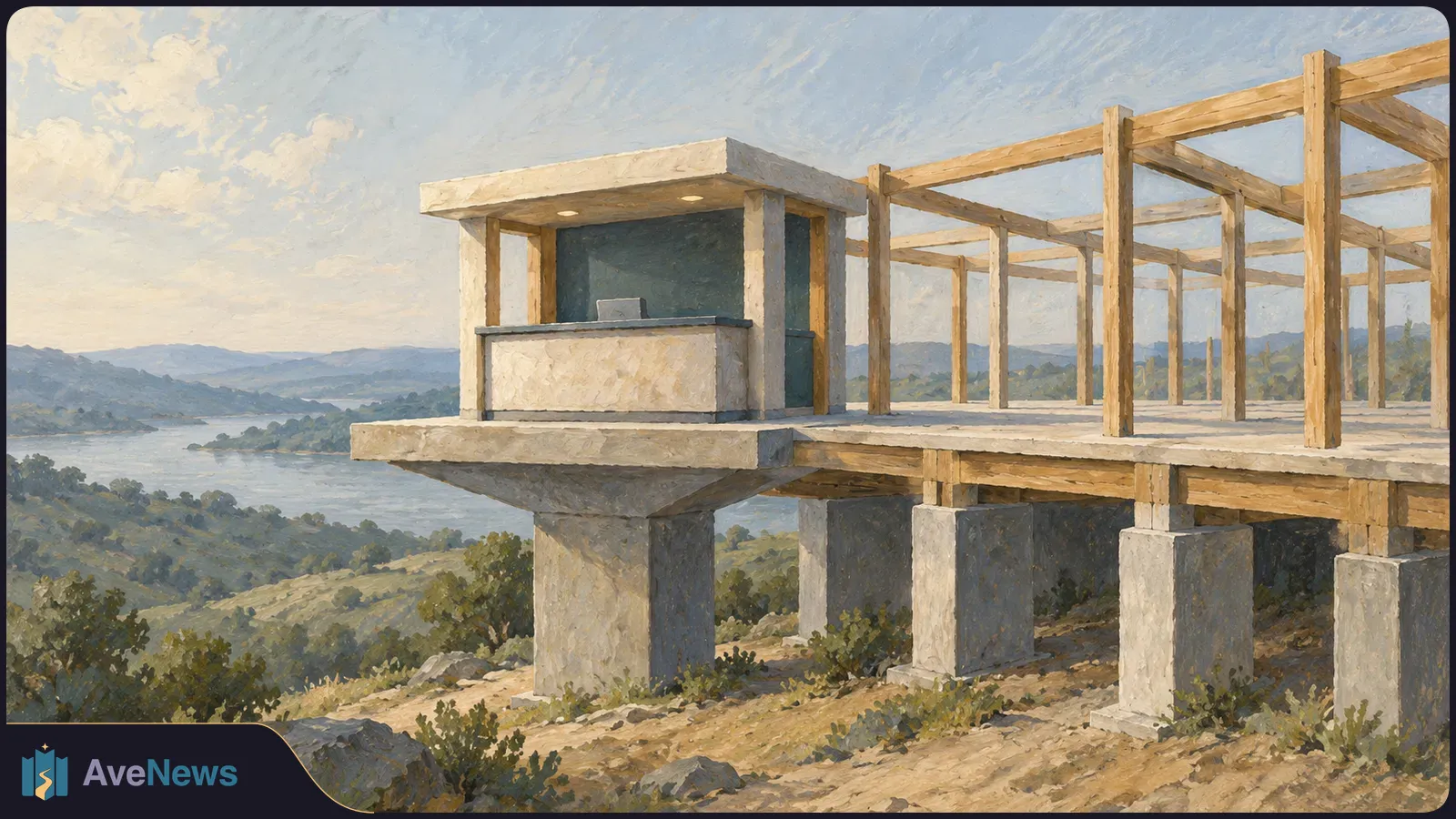 Painted illustration of a concrete platform with wooden framing and a small kiosk on a hillside above a lake, with distant hills and a cloudy sky. SI illustration