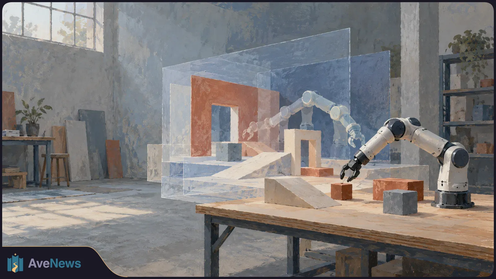 A robotic arm reaches over geometric blocks on a worktable, with transparent panels and faint duplicate arms behind it in a sunlit workshop. SI illustration