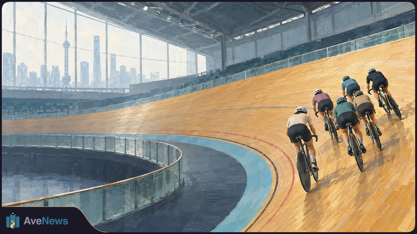Six cyclists ride the steep wooden banking of an indoor velodrome, with a city skyline visible through tall windows. SI illustration