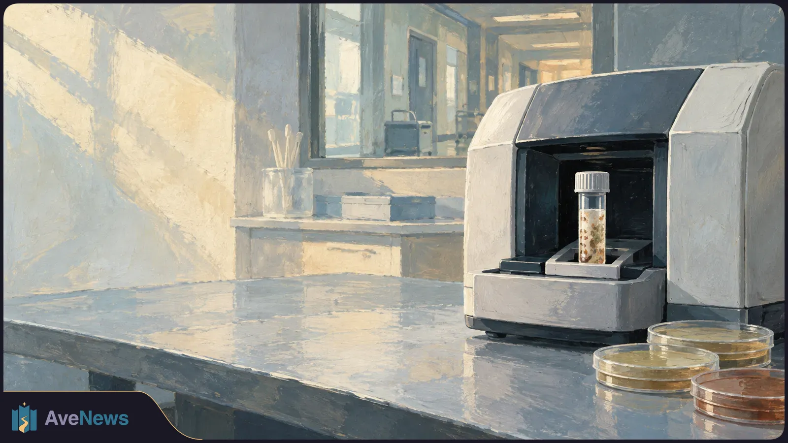 Painted illustration of a capped sample tube inside a large laboratory machine, with petri dishes on the bench and a sunlit corridor behind it. SI illustration