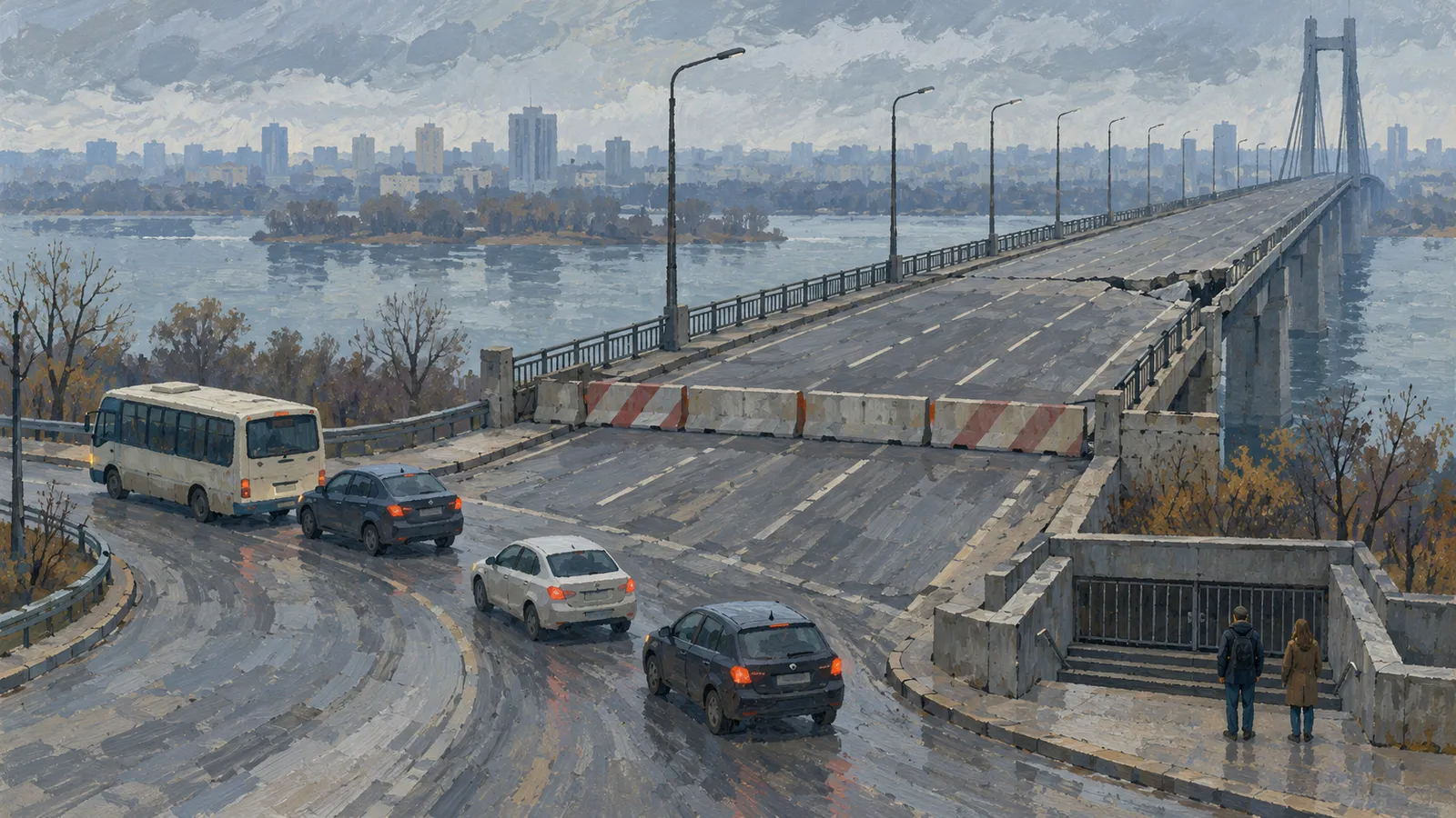 Illustration of a damaged bridge blocked by concrete barriers, with vehicles turning away and two people standing near steps overlooking the river. SI illustration