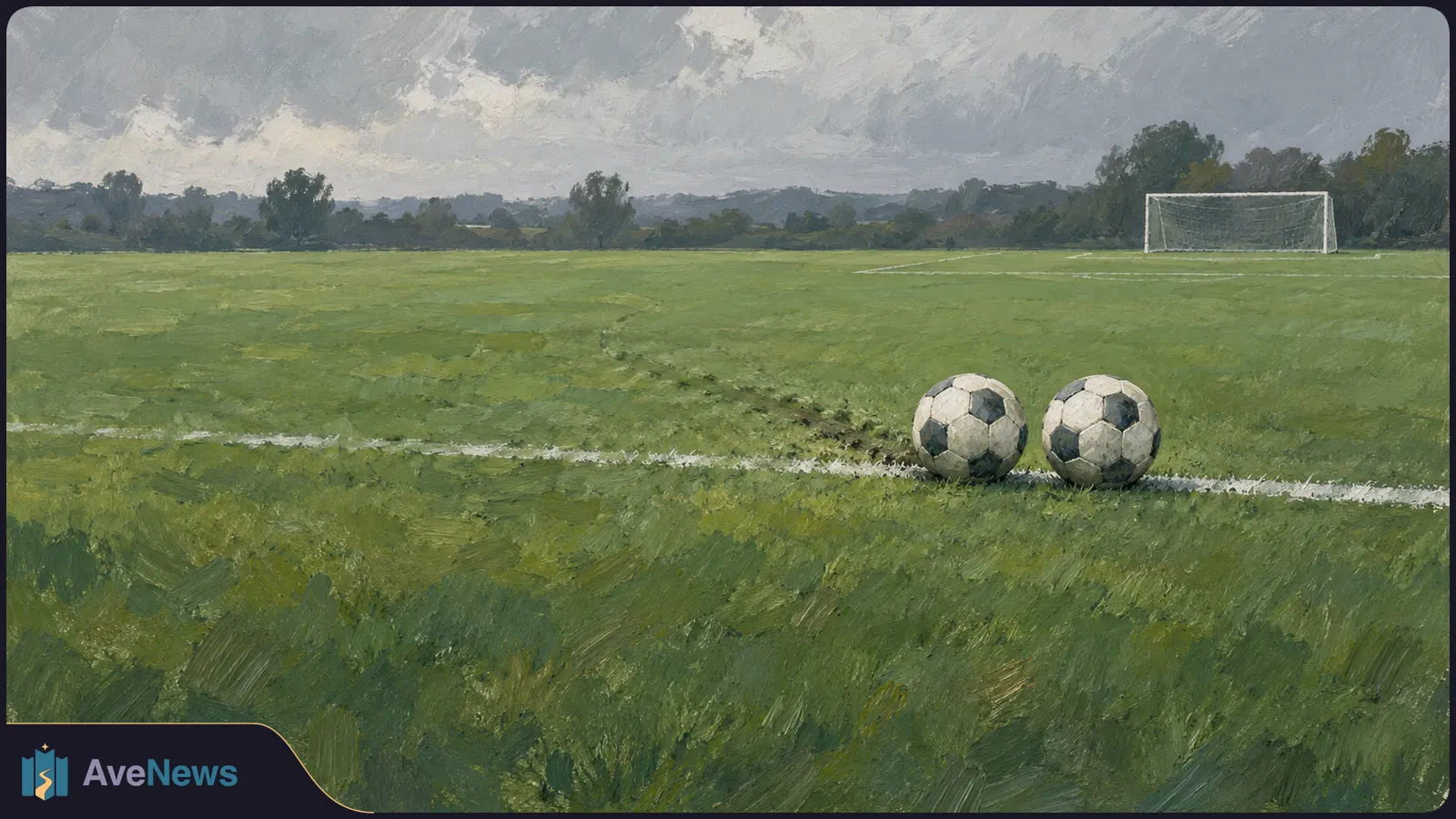 Painted football pitch under a cloudy sky, with two black-and-white balls near the touchline and a goal in the distance. SI illustration