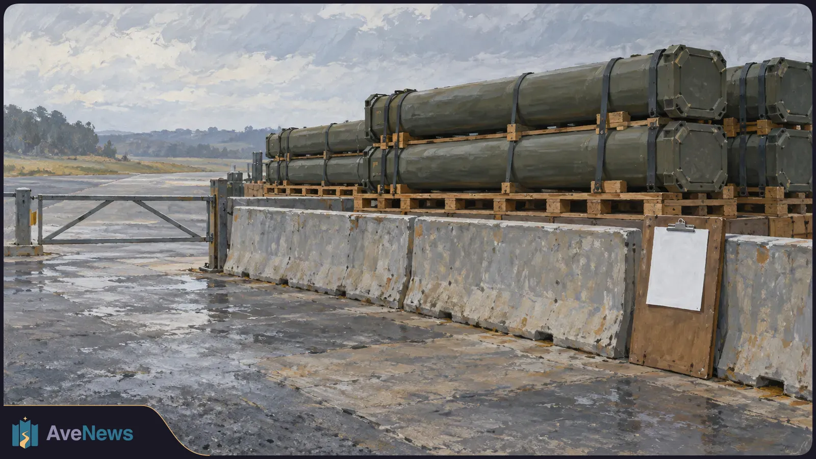 Painterly scene of olive-green cylindrical containers stacked on wooden pallets behind concrete barriers, with a metal gate at left and a blank clipboard at right. SI illustration