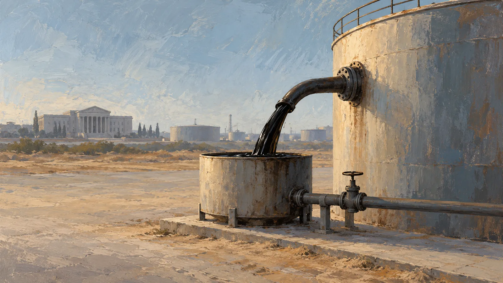 A painted industrial scene shows black liquid flowing from a large storage tank into a smaller open container, with pipes and a columned building in the distance. SI illustration