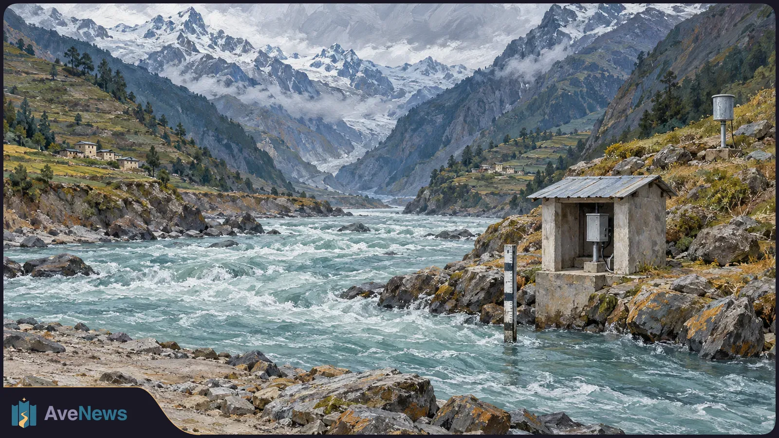 Painted mountain valley with a rushing turquoise river, a marked gauge post and a small riverside instrument shelter; snow-covered peaks rise behind scattered houses. SI illustration