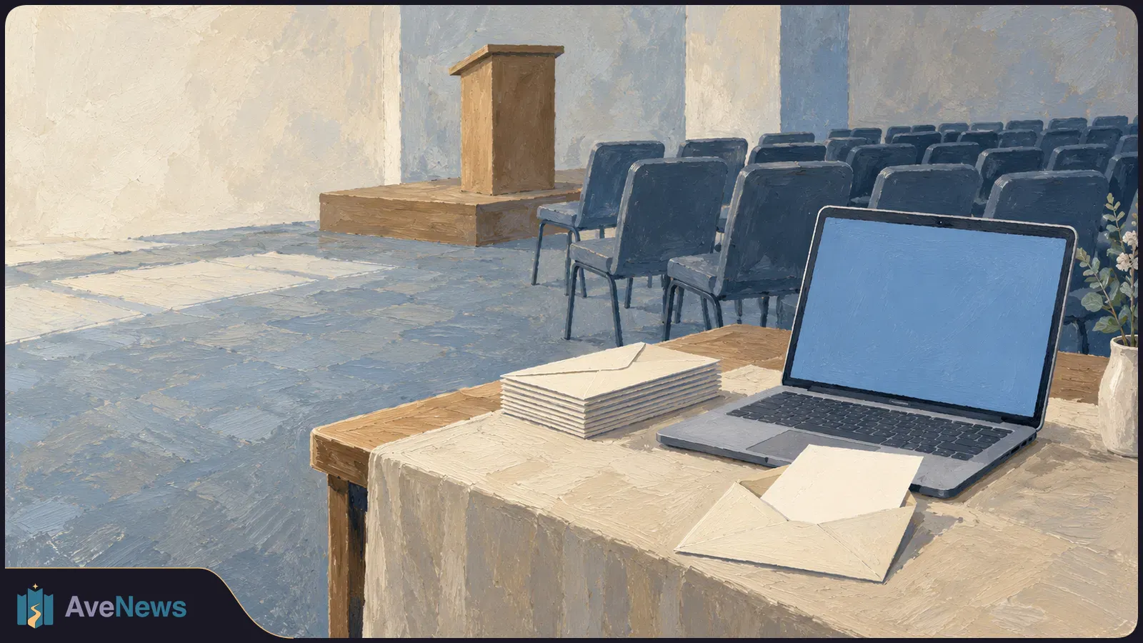 Painted empty event hall with rows of blue chairs and a podium. On a foreground table, a blank-screen laptop sits beside a stack of envelopes and loose paper. SI illustration