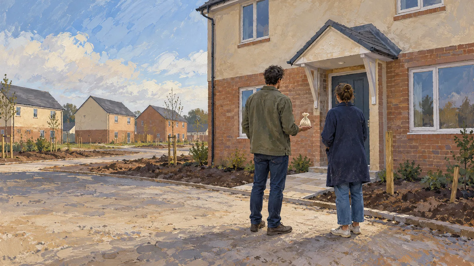 A painted scene of two people facing a house in a new residential development; one holds a small tied bag. SI illustration