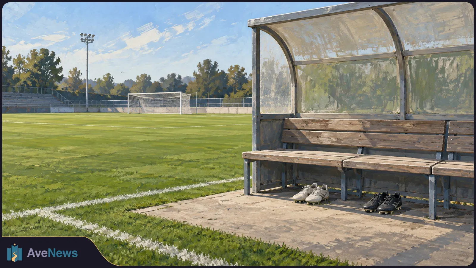 Painterly view of an empty soccer field, with a goal in the distance and two pairs of cleats beneath the sideline bench. SI illustration