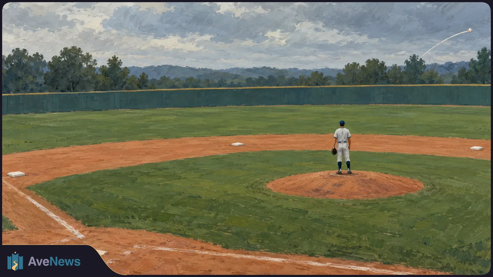 Painted baseball field with a lone player on the mound, seen from behind, as a ball arcs high above the outfield wall under a cloudy sky. SI illustration