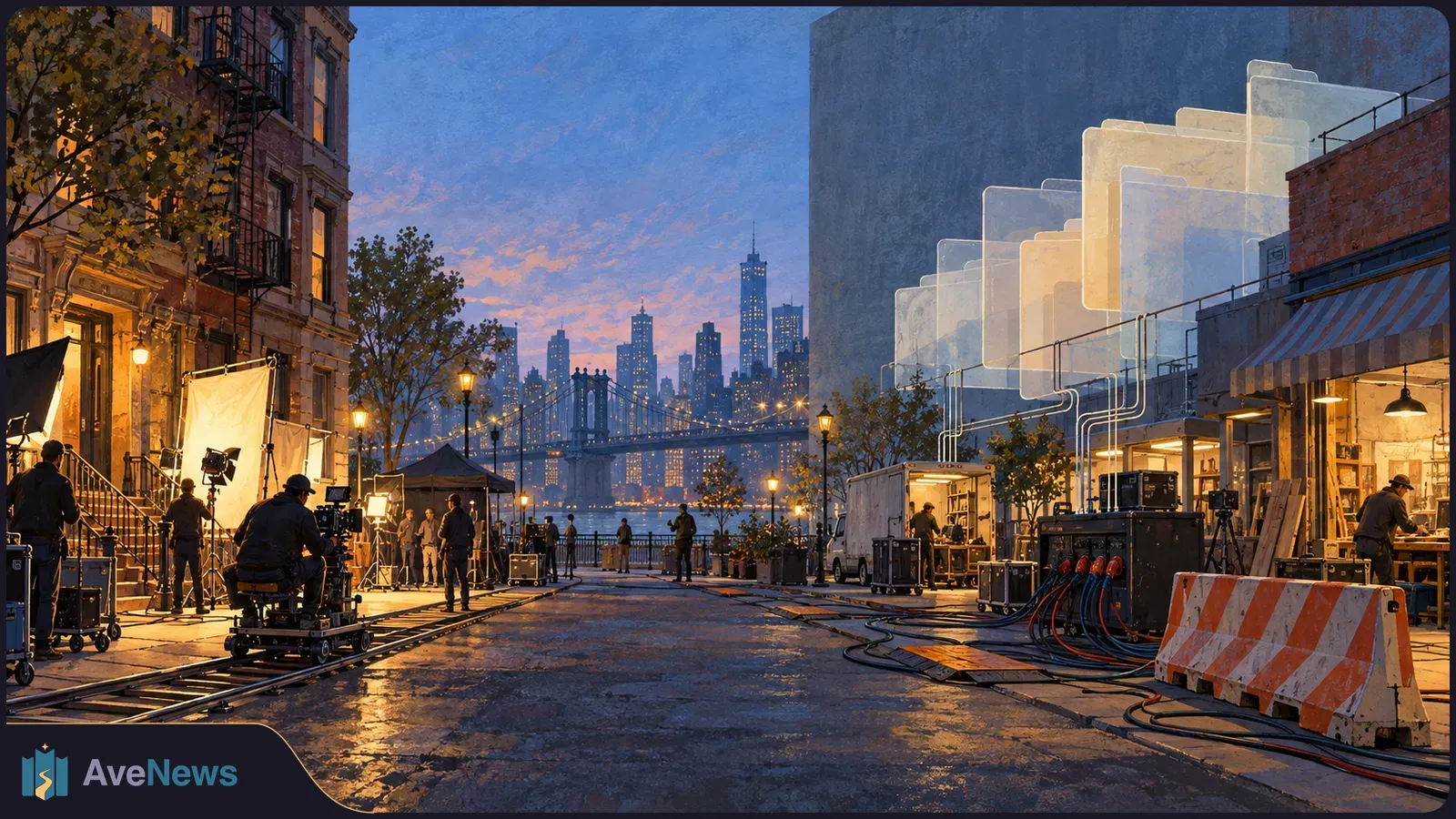 Illustrated film set on a city street at dusk, with crew, a camera dolly, lights and cables. A bridge and lit skyline rise beyond the street. SI illustration