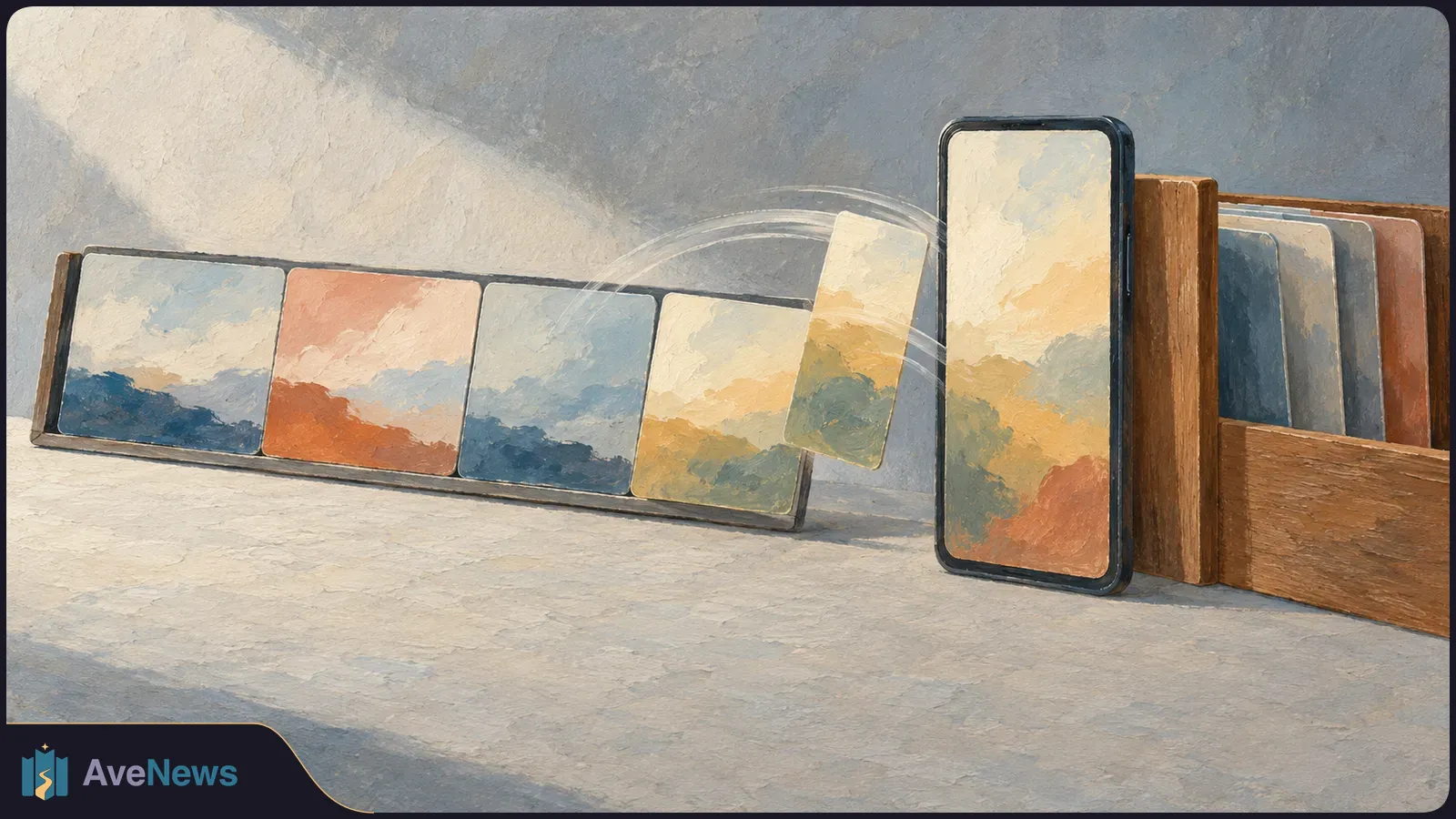 Painted illustration of four landscape panels beside an upright smartphone, with another panel moving toward the phone and more panels in a wooden holder. SI illustration