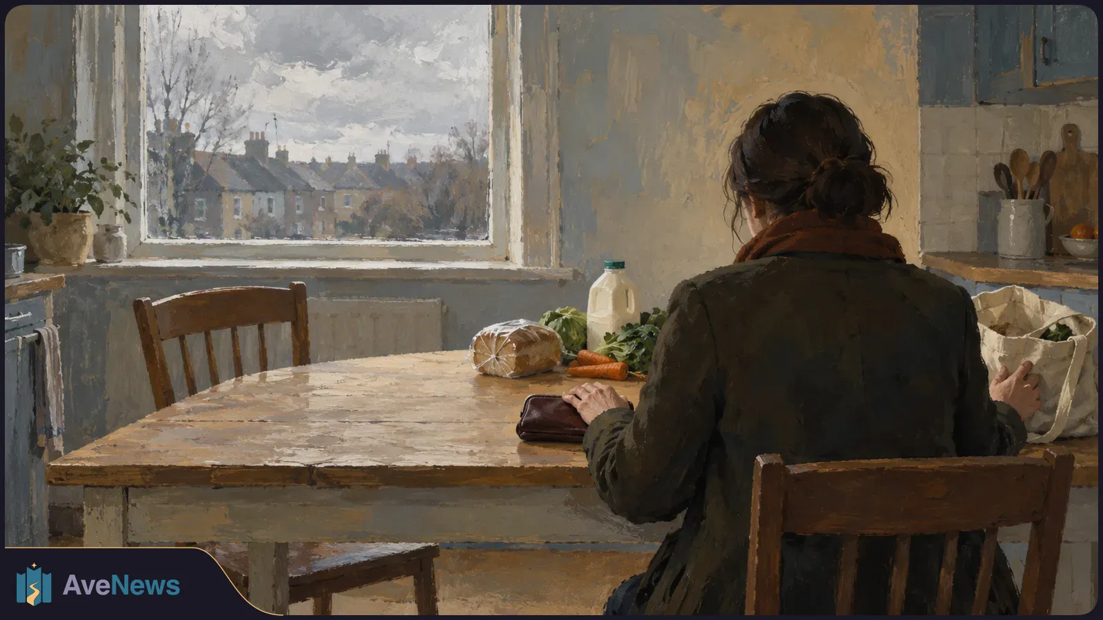 A painted scene of a person seated at a kitchen table with a wallet, bread, vegetables and a milk bottle, beside a window overlooking houses under a cloudy sky. SI illustration