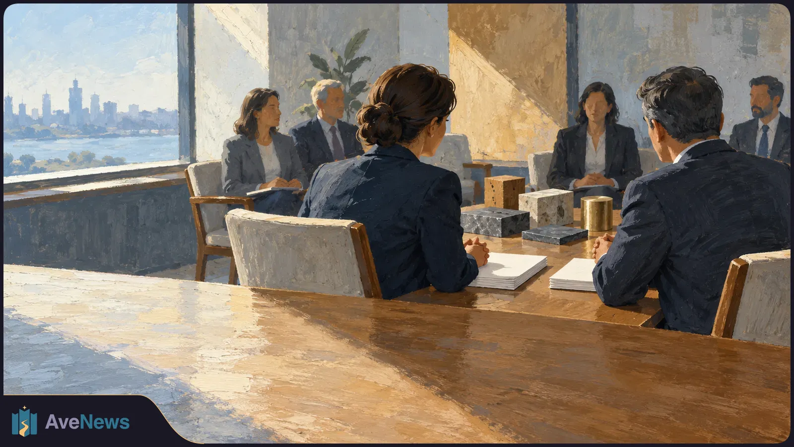Illustration of six people seated around a wooden meeting table with papers and geometric blocks. A large window overlooks water and a city skyline. SI illustration