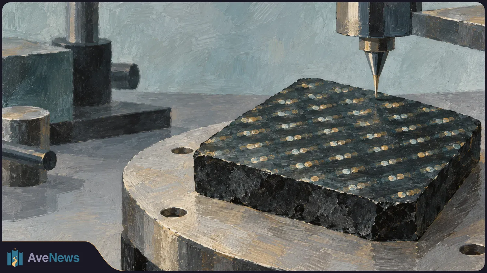 Painted illustration of a pointed instrument probe above a dark rectangular sample covered in repeating rows of pale and gold dots on a circular platform. SI illustration