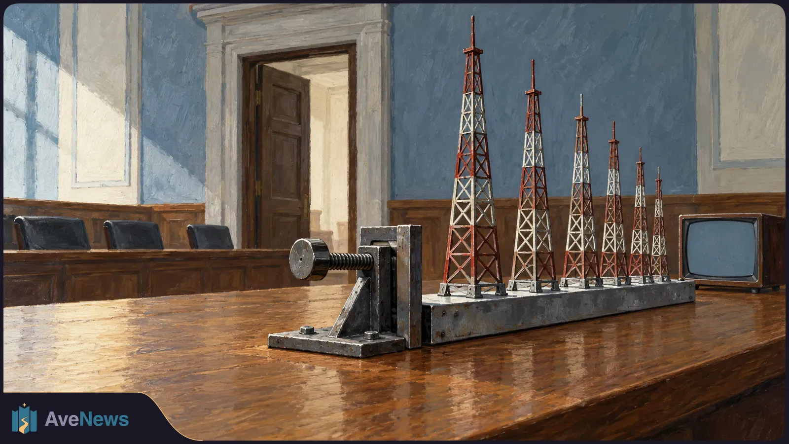 Miniature broadcast towers of decreasing height line a metal rail with a screw clamp on a wooden table. An old television and bench seating are behind them. SI illustration