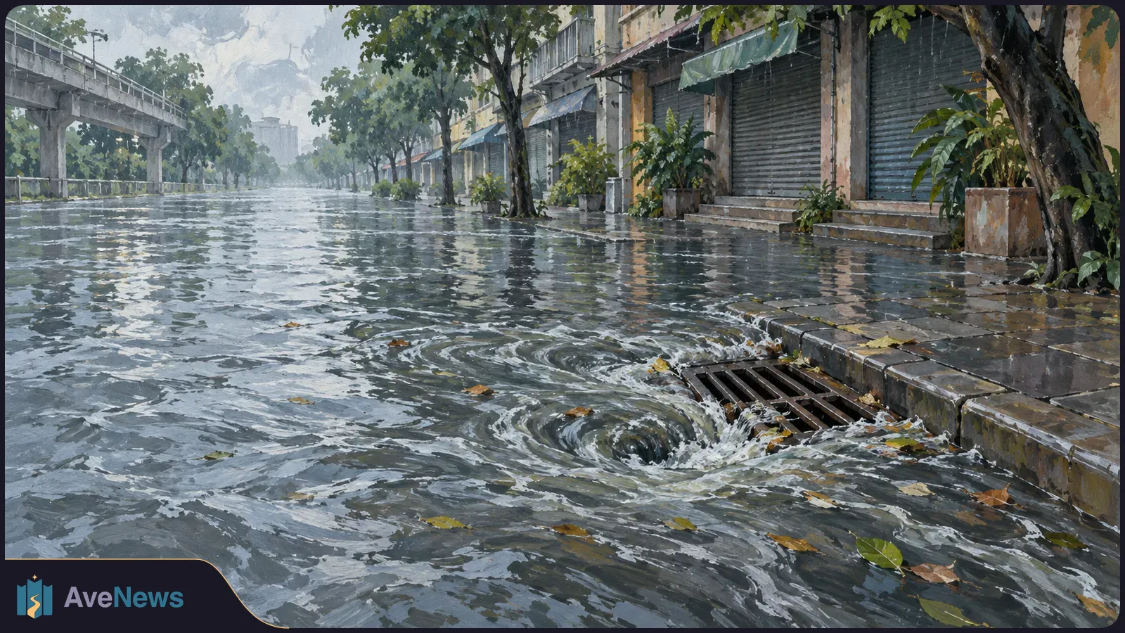 A painted flooded street, with water swirling into a curbside drain beside shuttered shops and trees. SI illustration