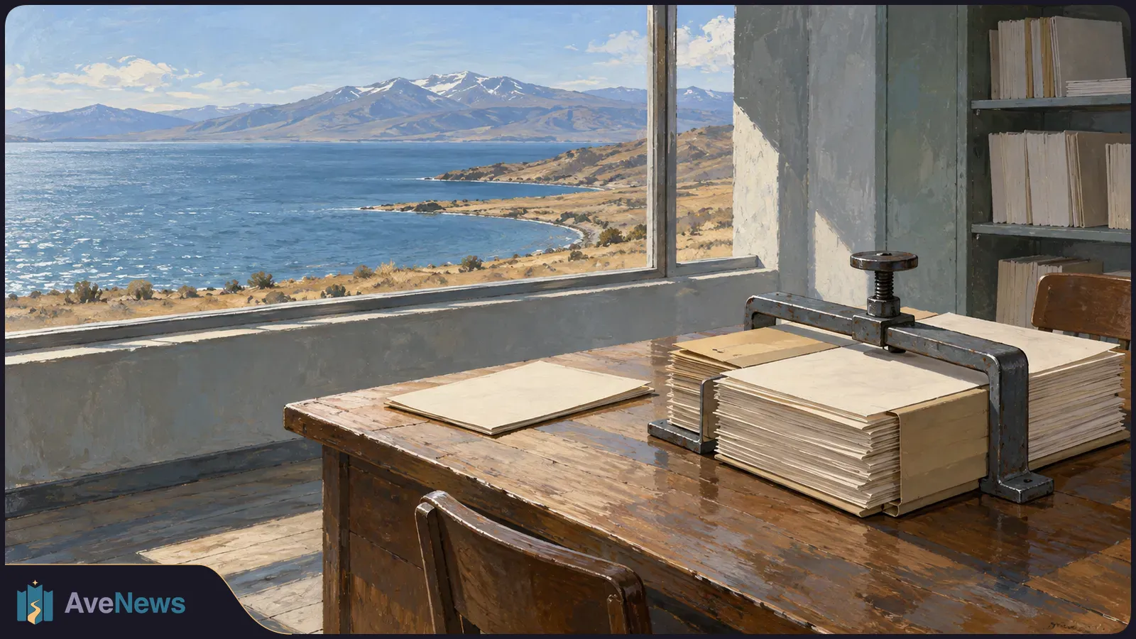 An illustrated room with stacks of blank paper held under a metal clamp on a wooden table. A large window overlooks a blue lake and distant mountains. SI illustration