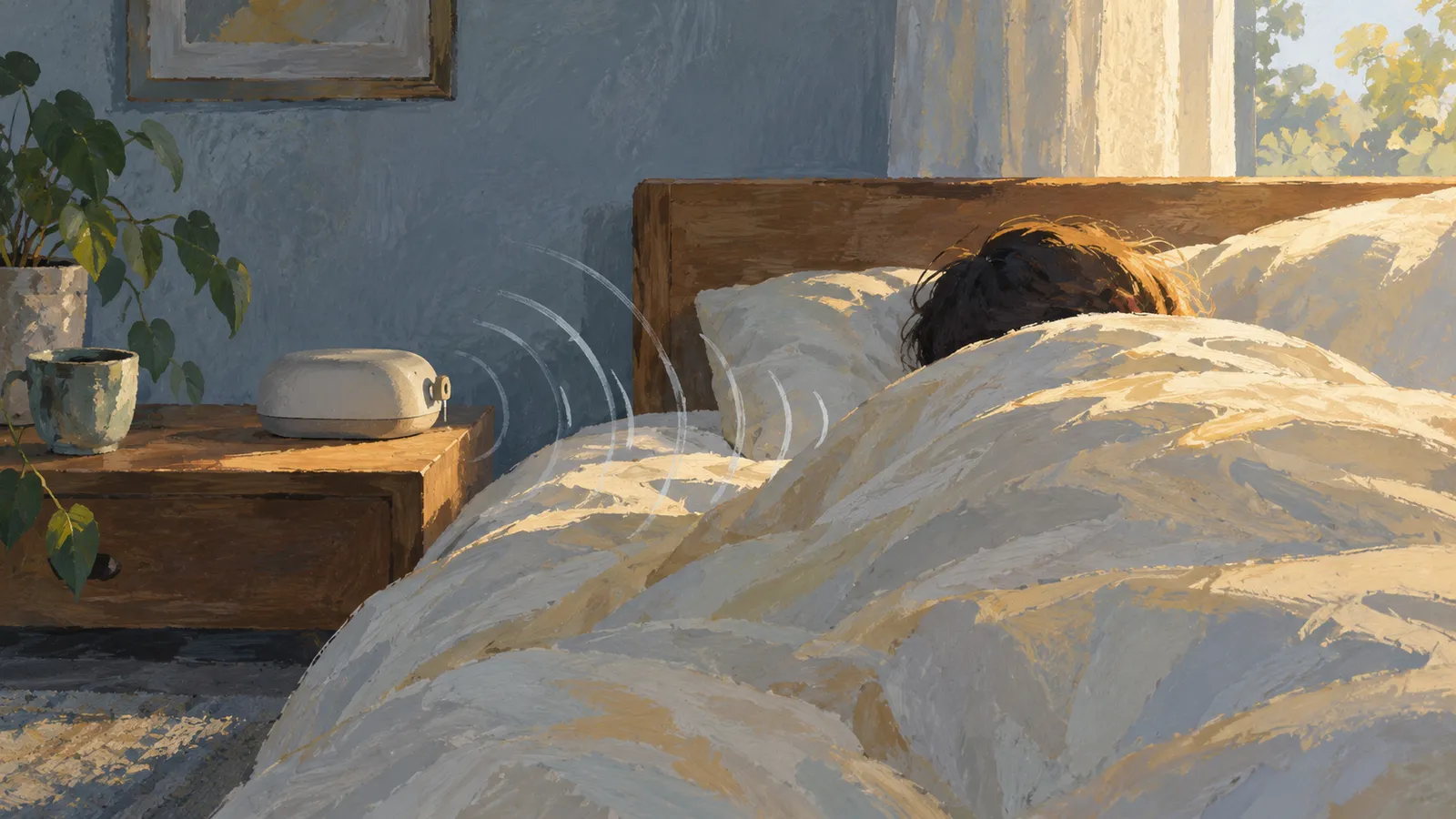 A painterly bedroom scene shows a person under a white duvet, with curved lines extending toward the bed from a small device on the bedside table. SI illustration