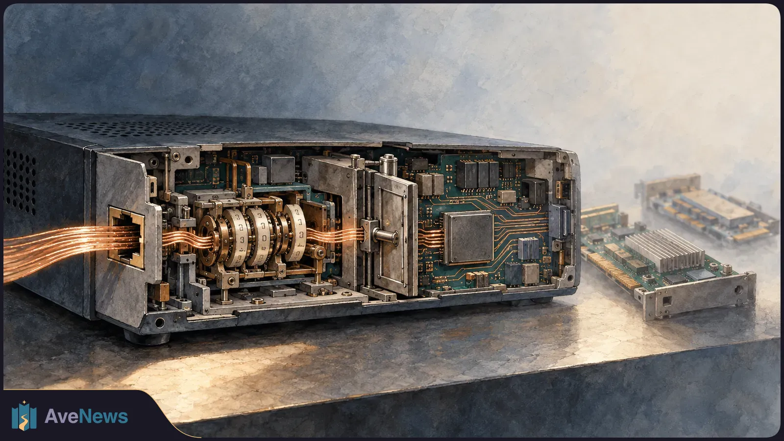 Painted cutaway of a network device with exposed circuitry and metal dials. Copper-colored wires run through the open chassis, with a separate circuit board beside it. SI illustration