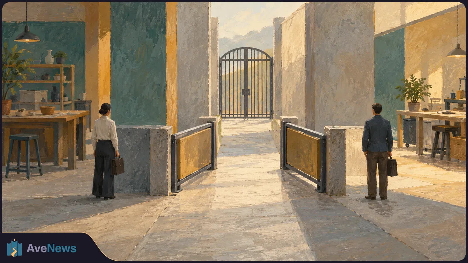 Illustration of two people carrying briefcases on opposite sides of a sunlit passage, with open side gates, worktables and a closed iron gate ahead. SI illustration