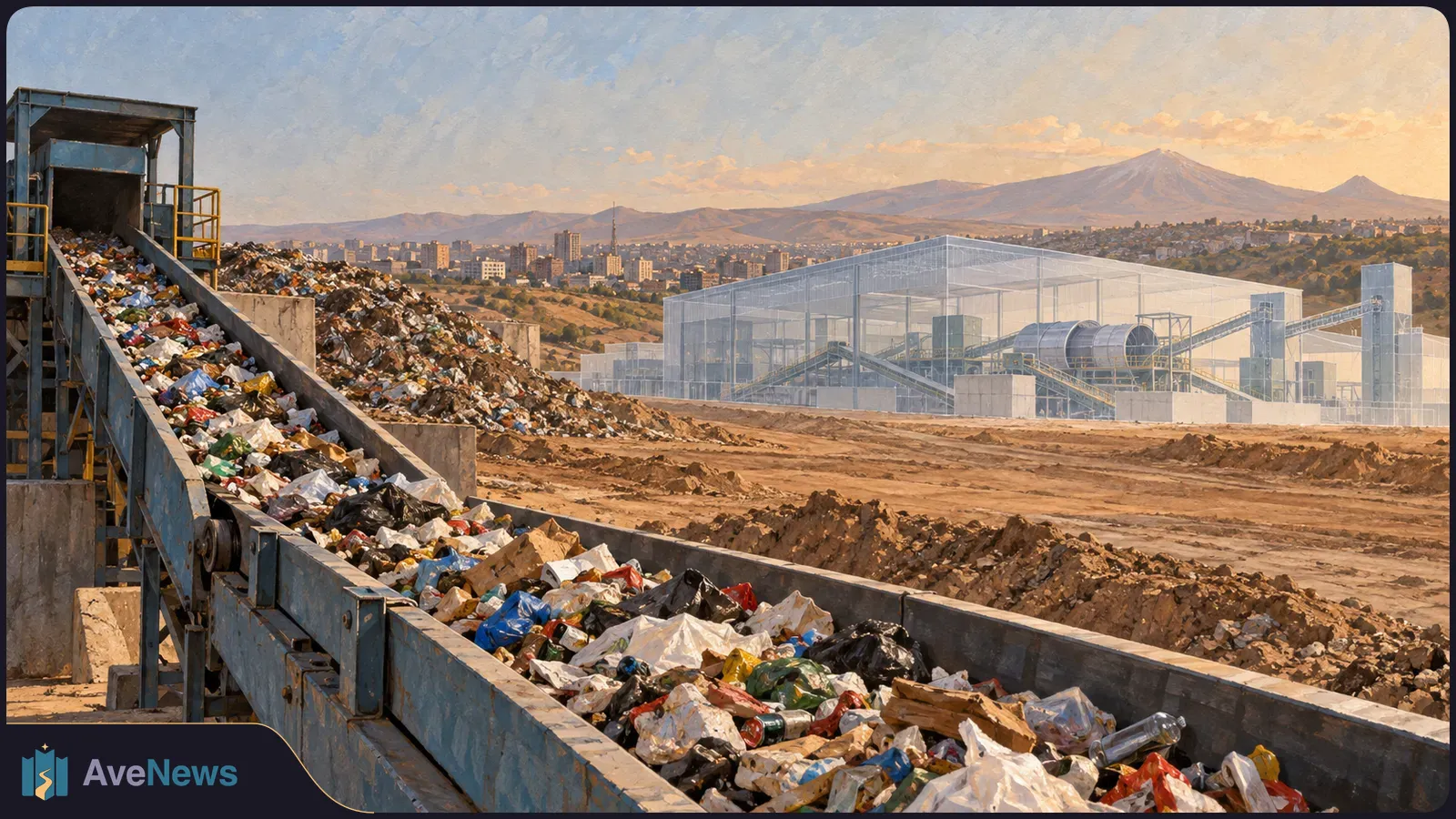 An illustrated conveyor piled with mixed rubbish runs past waste heaps toward a translucent processing plant, with a city and mountains in the distance. SI illustration