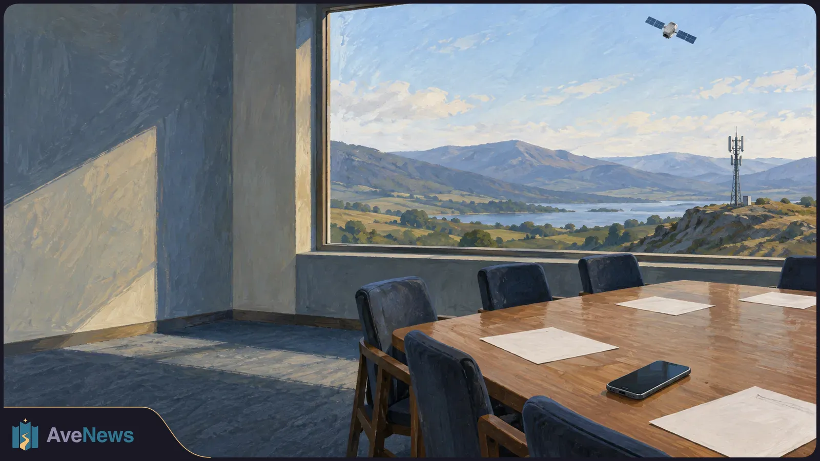 Painted meeting room with a phone and blank papers on a wooden table. Through a large window, a satellite and cell tower appear above a lake and mountains. SI illustration