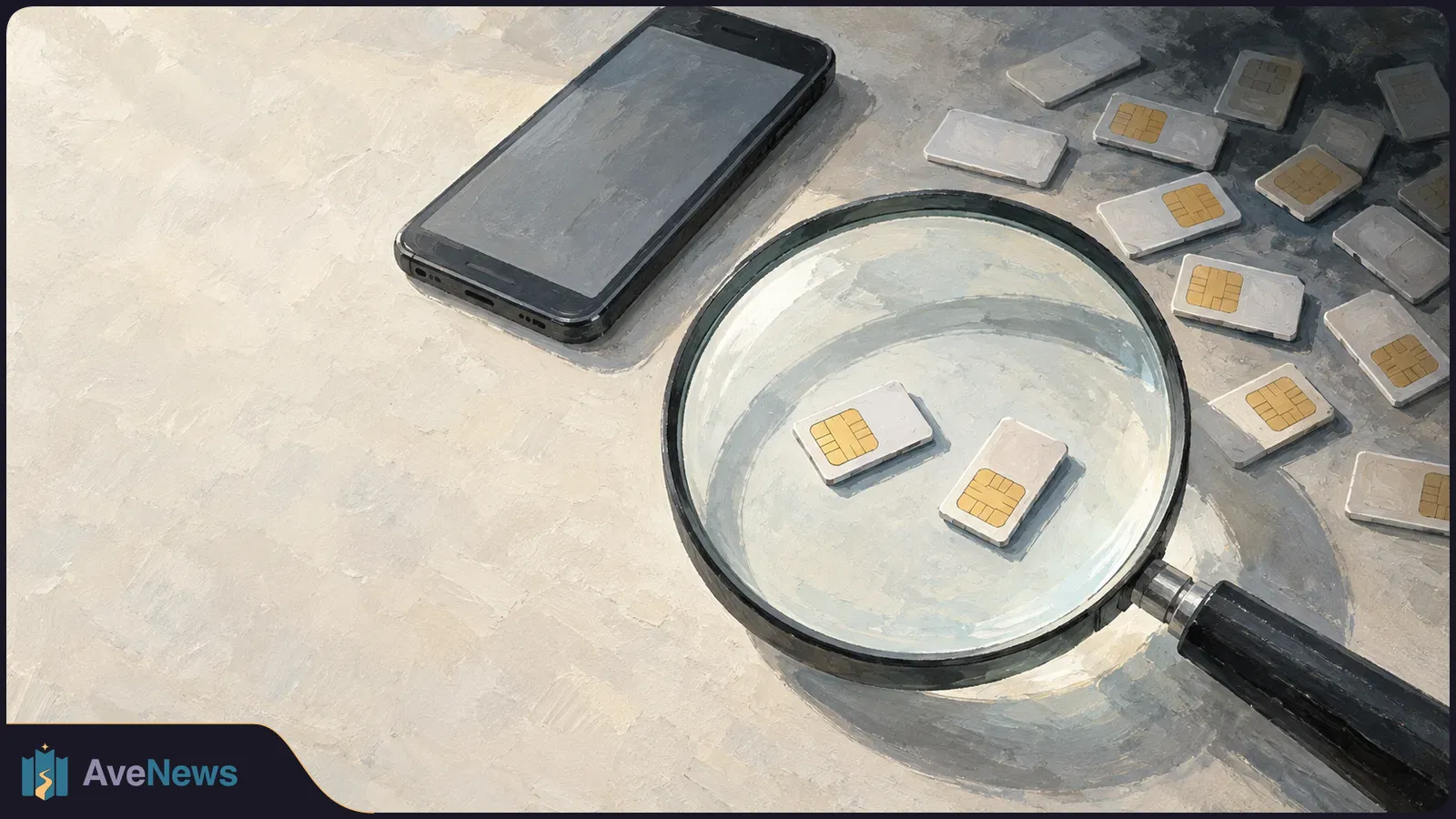 Painted illustration of a black smartphone and scattered SIM cards, with two cards beneath a large magnifying glass on a pale surface. SI illustration