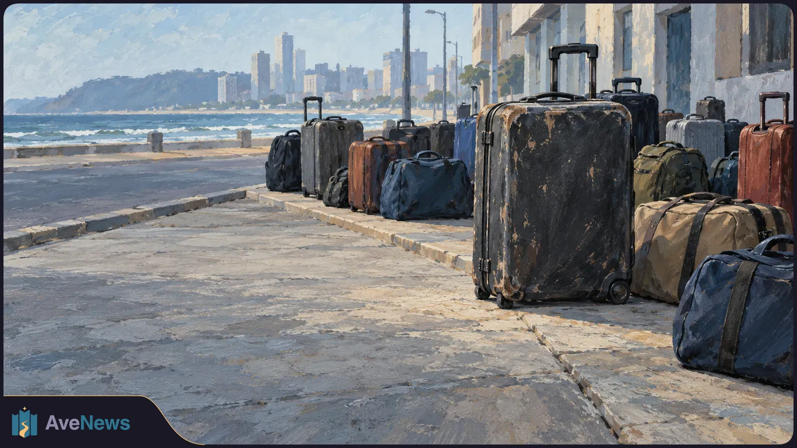 Suitcases and travel bags line a seaside pavement beside buildings, with waves, a hill and a distant city skyline. SI illustration