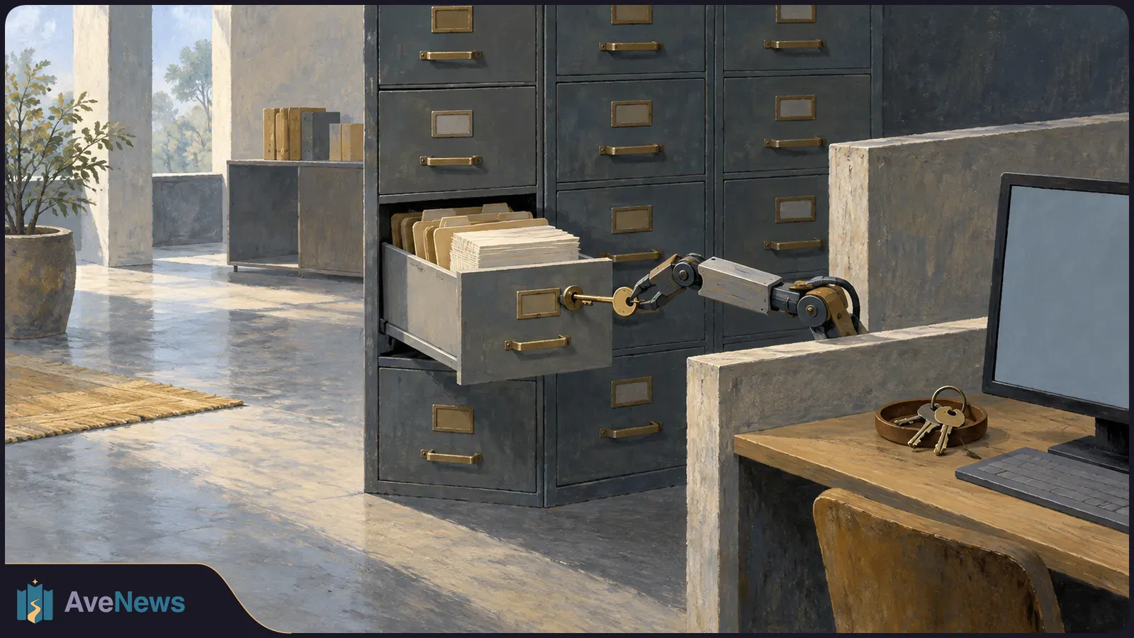 Painted office scene with a robotic arm holding a key at an open filing-cabinet drawer full of folders; a blank monitor and spare keys sit on a nearby desk. SI illustration