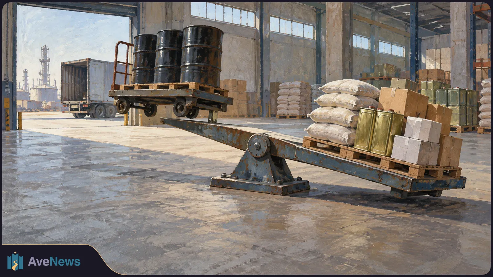 A painted warehouse scene shows black drums on the raised side of a tilted balance, with sacks, boxes and metal cans on the lower side. A truck stands outside. SI illustration