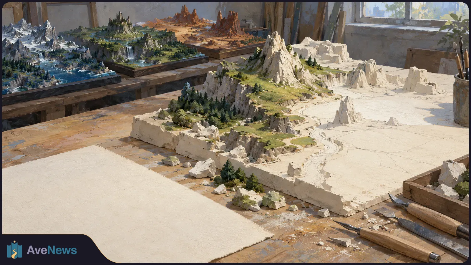 An unfinished white mountain landscape model sits on a workbench beside carving tools and blank paper, with three colorful fantasy terrain models behind it. SI illustration