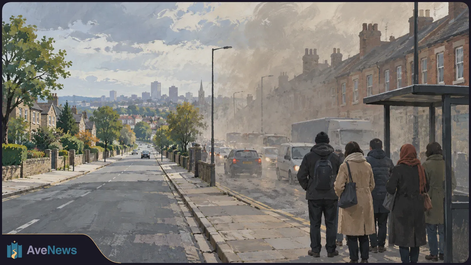 Painterly street scene with a clear, tree-lined road on one side and hazy traffic beside brick houses on the other; several people stand by a bus shelter. SI illustration