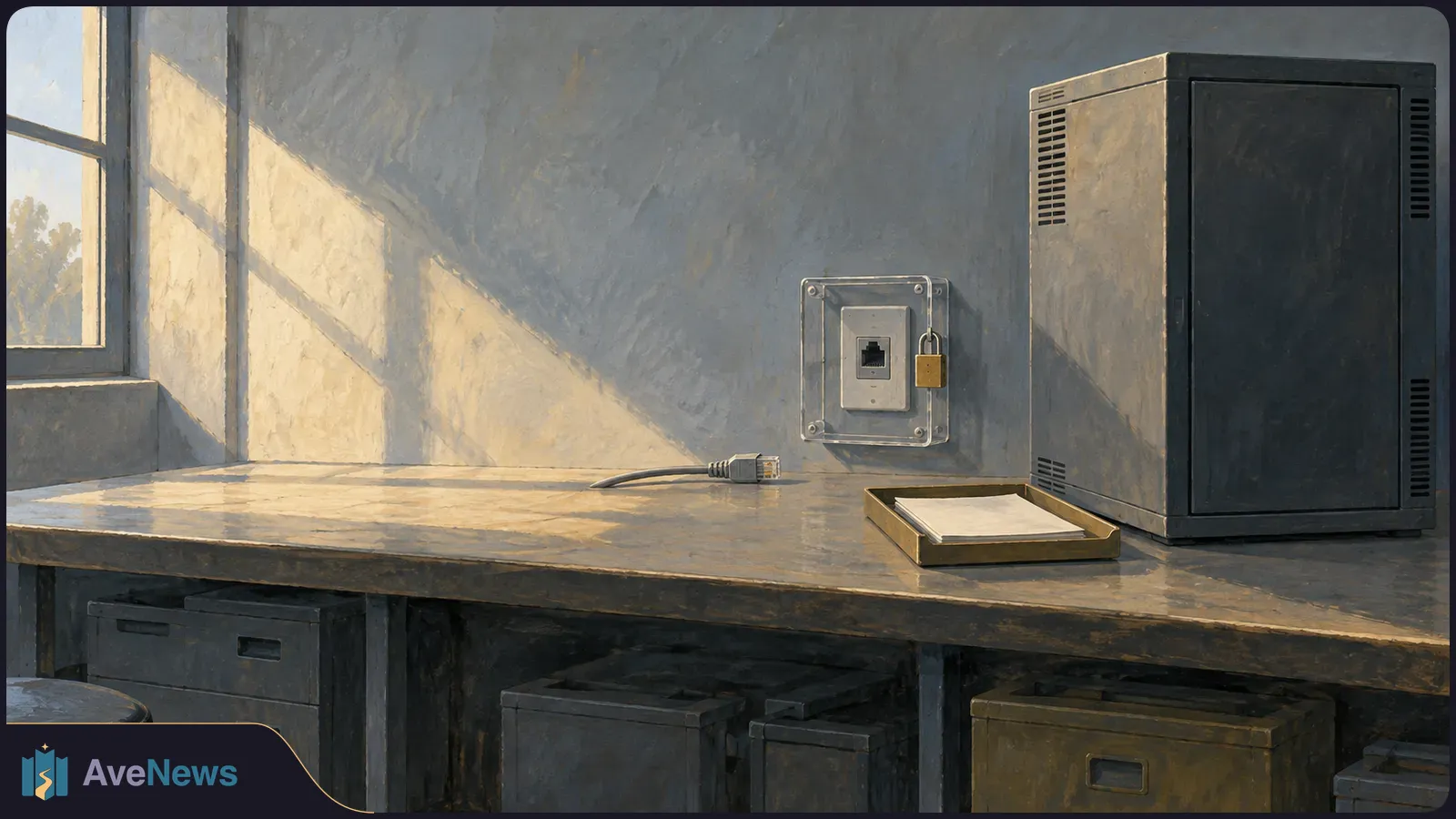 Painted scene of an unplugged Ethernet cable beside a padlocked network port, with a dark equipment cabinet and a tray of blank papers on a sunlit workbench. SI illustration