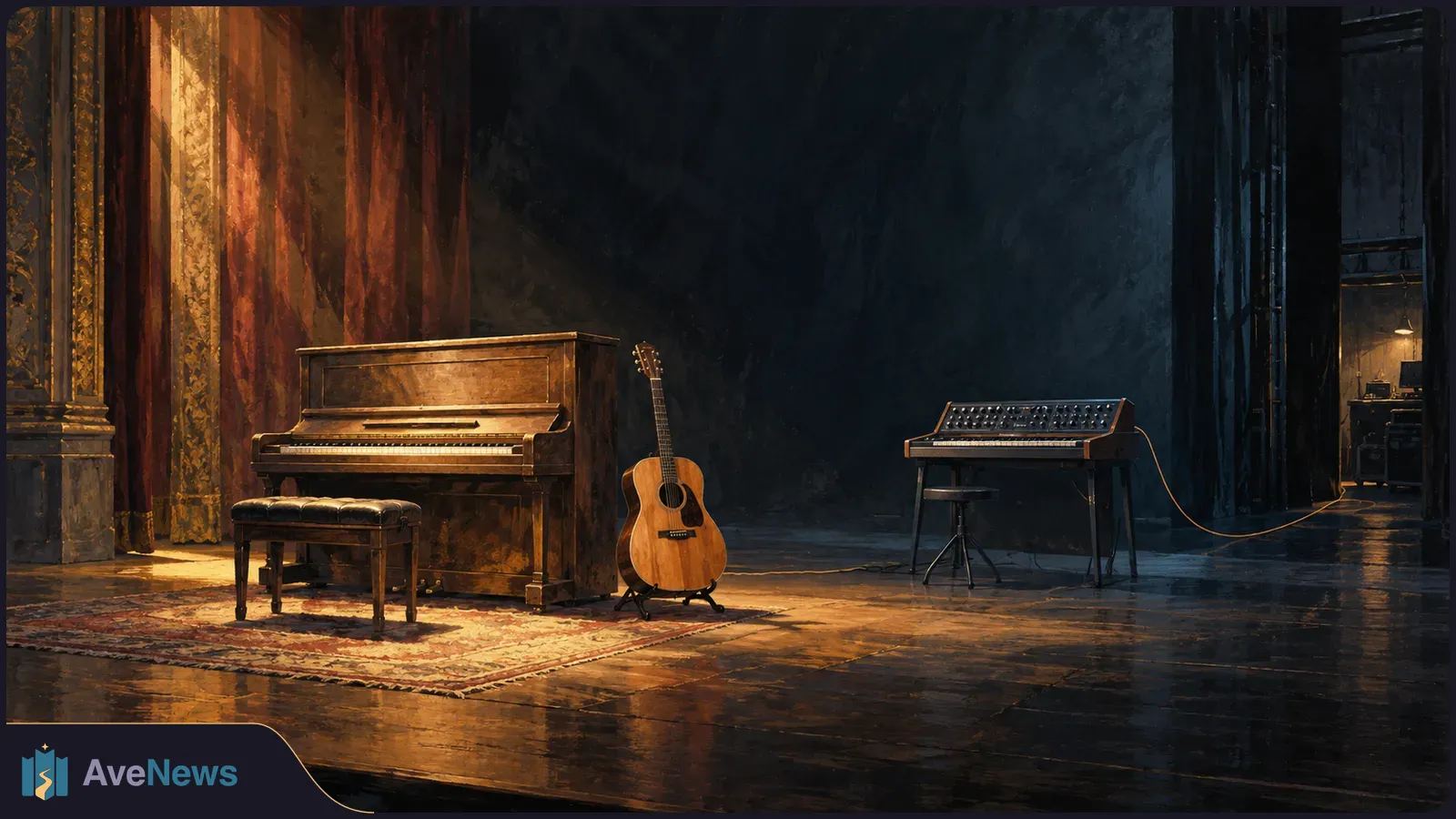 An empty, warmly lit stage with an upright piano and bench, an acoustic guitar on a stand, and a synthesizer beside a stool. SI illustration