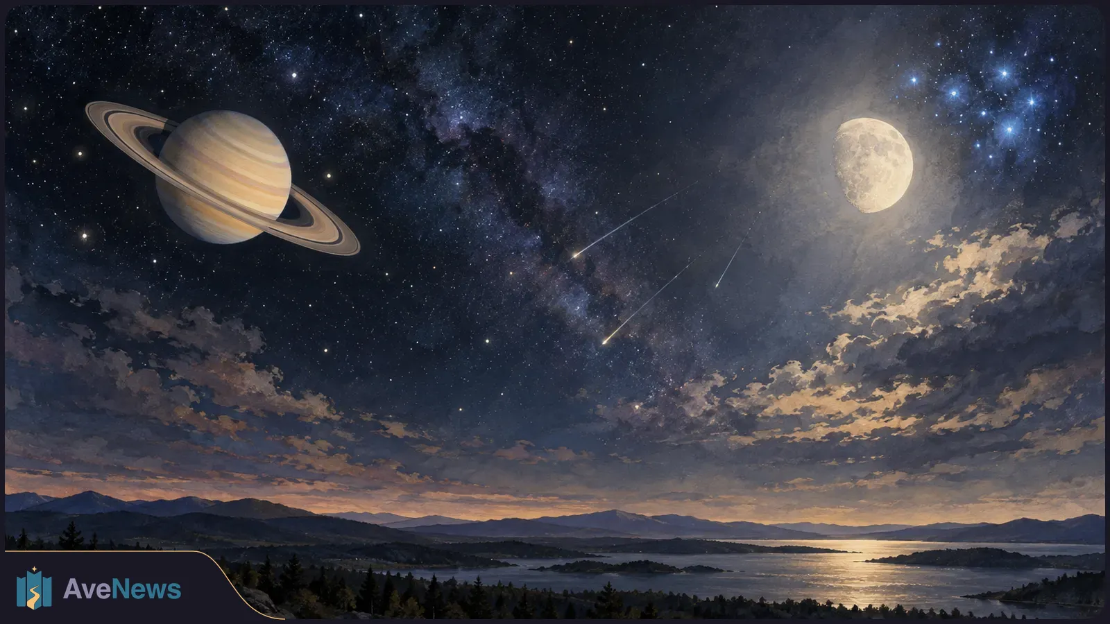 Painted night sky over a mountain lake, with a large ringed planet, a bright Moon, several meteors and a cluster of blue stars. SI illustration