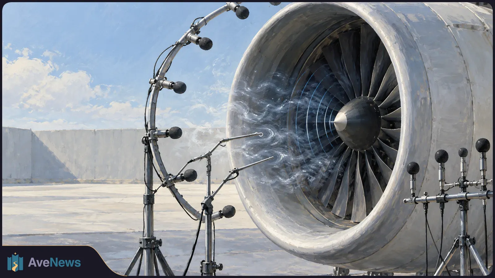 Illustration of a jet engine fan on an outdoor pad, surrounded by microphones and probes on stands, with wispy airflow drawn across the inlet. SI illustration