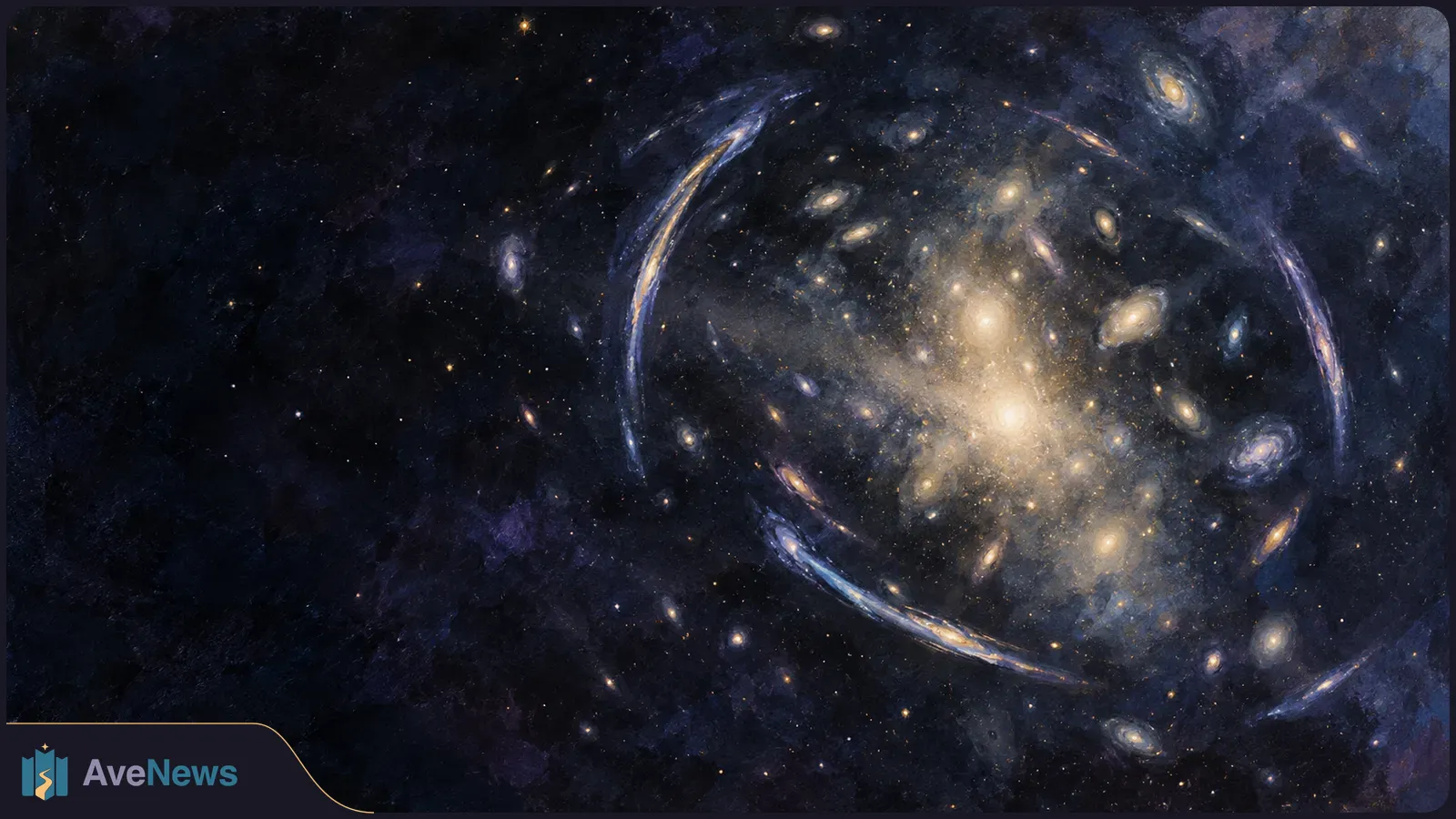 Painted star field with a bright cluster of galaxies near the centre, surrounded by curved, stretched galaxy shapes. SI illustration